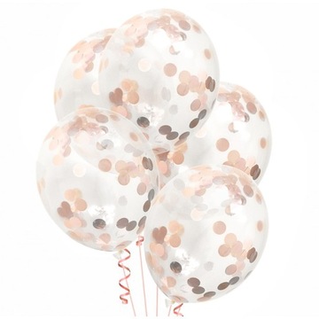 Balony Przezroczyste z Konfetti Różowe Złoto Rose Gold Urodziny Party 5szt.