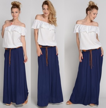 Темно-синяя длинная юбка в стиле бохо, КАРМАНЫ, пояс, SM, L