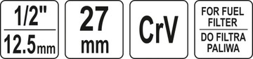 КЛЮЧ ДЛЯ ТОПЛИВНОГО ФИЛЬТРА YATO, 27 мм, 1/2 дюйма