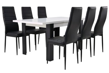 Stół rozkładany do 160 cm i 6 krzeseł CZARNO-BIAŁY