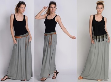 MAXI DŁUGA ZWIEWNA SPÓDNICA z paskiem OLIWKA