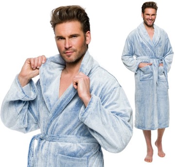 CIEPŁY MIŁY DŁUGI SZLAFROK MĘSKI Z KOŁNIERZEM M