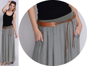MAXI DŁUGA ZWIEWNA SPÓDNICA z paskiem OLIWKA