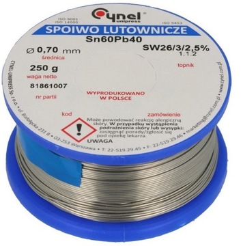 Cyna 0,70mm 0,25kg 250g Cynel Sn60Pb40 z topnikiem