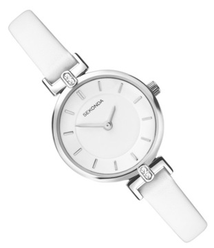 Biały zegarek damski na wąskim pasku skórzanym Sekonda 2646 + GRAWER