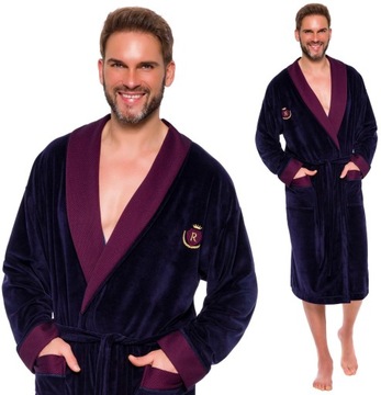 WELUROWY SZLAFROK MĘSKI - ATŁASOWY KOŁNIERZ L