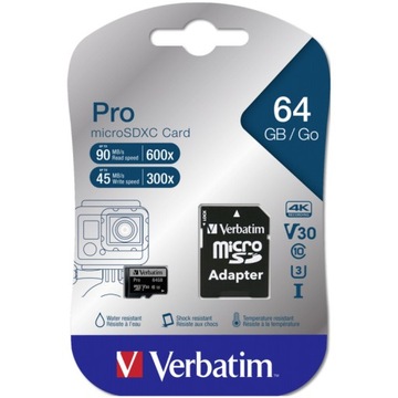 Карта памяти Micro SDXC Verbatim 64 ГБ Class 10 UHS-1 + адаптер SD