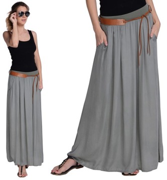 Letnia Lekka SPÓDNICA MAXI OLIWKA + PASEK GRATIS