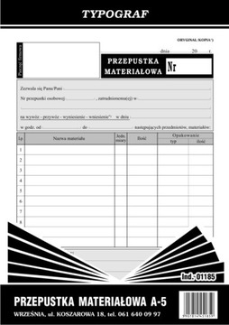 Przepustka materiałowa A5 01185 TYPOGRAF