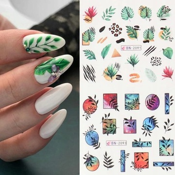 ВОДНЫЕ НАКЛЕЙКИ для украшения ногтей, лист из 12 рисунков, украшения из летних листьев