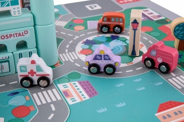 ДЕРЕВЯННЫЕ БЛОКИ CITY CARS 136 ЭЛЕМЕНТОВ КОВРИК