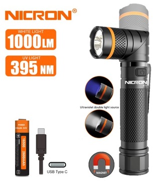 NICRON Ручной фонарик 1000Люм+395 Люм УФ, вращающаяся головка, магнит
