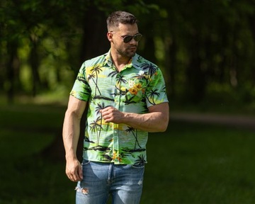 KOSZULA MĘSKA HAWAJSKA W PALMY KWIATY PLAŻA MORZE C1 ZIELONA - XL