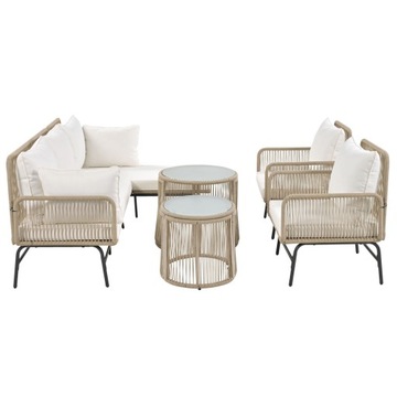 Beige Rope Garden Set w/ Iron Frame, 2 Sofas & 2 Tables - 6PC