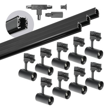 Комплект 3-фазной рейки: 9 ламп GU10 + 3 рейки длиной 1 м + Т-образный соединитель + 2 цоколя