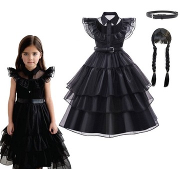 STRÓJ WEDNESDAY ADDAMS SUKIENKA + PERUKA 140 / 146 PRZEBRANIE KOSTIUM