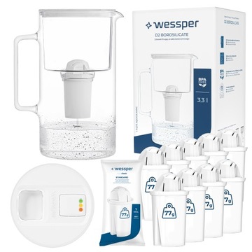 Szklany dzbanek filtrujący z licznikiem LED Wessper + 10x Filtr aquaclassic