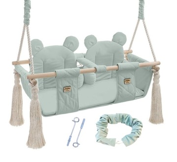 DREWNIANA HUŚTAWKA BABYSTEPS TWINS SKY GRAY 1,75 M ZESTAW Z PASAMI I HAKAMI