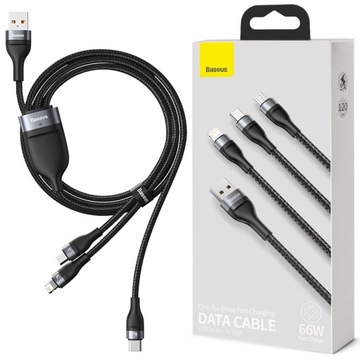 BASEUS MOCNY KABEL DO TELEFONU 3W1 USB TYPU C MICRO USB LIGHTNING 66W 1,2M