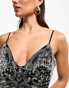 Asos Design NG7 cvq mini sukienka ramiączka zdobienia frędzle XXL
