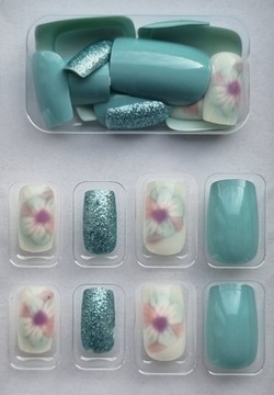 Paznokcie Sztuczne Tipsy Kwadrat Niebieskie Kwiat Brokatowe Samoprzylepne