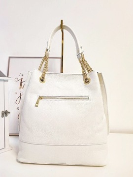 Laura Biaggi torba shopper skórzana biała ecru z łańcuszkami