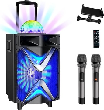 Bezprzewodowy głośnik walizka Karaoke+2 mikrofony+uchwyt na Tablet+Kula LED