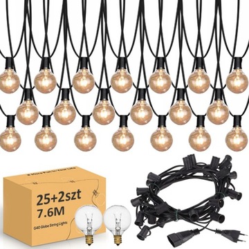 GIRLANDA ŚWIETLNA OGRODOWA LAMPKI 25+2 ŻARÓWKI ŁAŃCUCH 7,6M WODOODPORNA