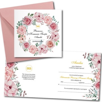 Zaproszenie na KOMUNIĘ ŚWIĘTĄ +IMIĘ kwiaty komunijne PERSONALIZOWANE