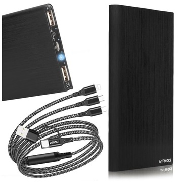 POWERBANK 20000 mAh Z DWOMA PORTAMI USB Z LATARKĄ LED+MOCNY KABEL 3W1 NYLON