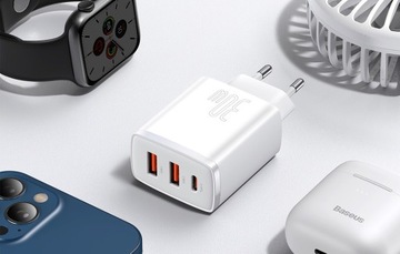 СЕТЕВОЕ ЗАРЯДНОЕ УСТРОЙСТВО 3xUSB QC PD 30 Вт БЫСТРО МОЩНЫЙ USB C USB-C БЕЛЫЙ IPHONE 15