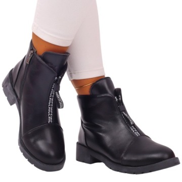 BOTKI DAMSKIE CZARNE ZIMOWE BUTY PŁASKIE NA DWA SUWAKI