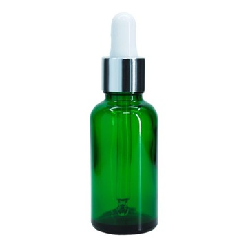 Butelka szklana 30 ml zielona z pipetą szklaną srebrno-białą