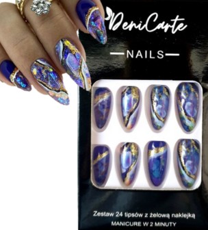 НАКЛЕЙЧИВЫЕ НАКЛЕЙКИ ДЛЯ НАСКОРЕННЫХ НОГТЕЙ МИНДАЛЬ ГОЛУБОЕ ЗОЛОТО САМОКЛЕЯЩИЙСЯ ГЕЛЬ 24 ШТ.
