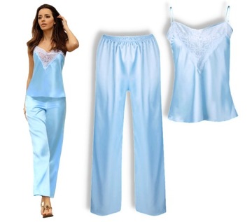 satynowy komplet piżama top i spodnie DKaren M baby blue