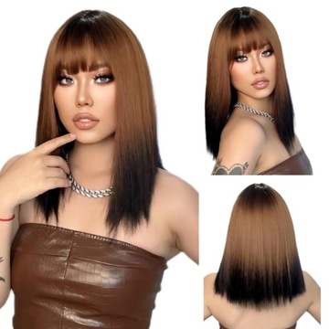Peruka Damska Peruki Ombre Brąz Włosy Półdługie + Wig Cap