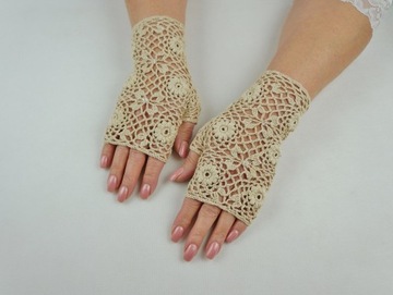 RĘKAWICZKI MITENKI SZYDEŁKOWE HAND MADE BEŻOWE