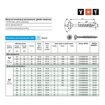 Шурупы универсальные нержавеющие А2, нержавеющая сталь, 5 х 120мм SPAX 100шт.