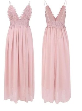 ДЛИННОЕ ВЕЧЕРНЕЕ ПЛАТЬЕ С КРУЖЕВОМ, РОЗОВОЕ, РАЗМЕР L