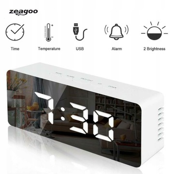 BUDZIK ZEGAR ELEKTRONICZNY TERMOMETR LUSTRO DUŻY