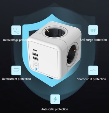 KOSTKA ZASILAJĄCA ROZGAŁĘŹNIK PRZEDŁUŻACZ LISTWA ANTYPRZEPIĘCIOWA 7w1 USB !