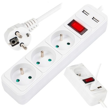 PRZEDŁUŻACZ LISTWA ZASILAJĄCA WŁĄCZNIK 3 GNIAZDA 3M ŁADOWARKA 2xUSB 2.1A