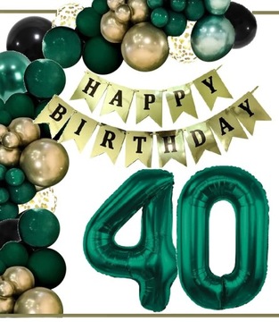 BALONY dekoracje na urodziny cyfra 40 lat zielone złote czarne