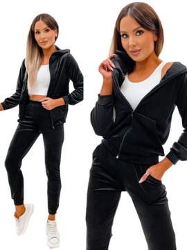 DRES KOMPLET WELUROWY DAMSKI BLUZA ROZPINANA ZAMEK SPODNIE CZARNY S