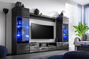 Meblościanka MODICA czarny połysk, efekt 3D + LED