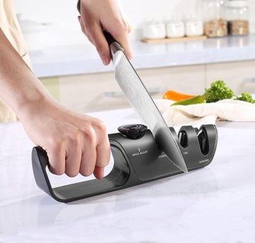 ТОЧИЛКА КУХОННЫХ НОЖЕЙ С РЕГУЛИРУЕМОЙ ЗАТОЧКОЙ, ТРЕХФАЗНЫМ КОЛЕСОМ 3в1