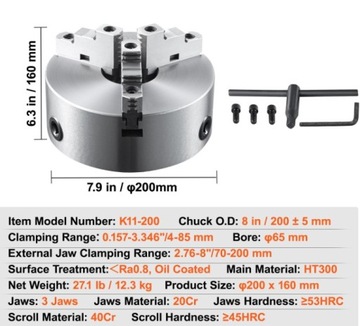 3-szczękowy uchwyt tokarski Rozmiar: 200 mm