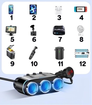 Разветвитель прикуривателя Автомобильное зарядное устройство 3 порта 2x USB 12 В постоянного тока