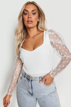 BOOHOO BLUZKA BODY DAMSKA Z SZYFONOWYM RĘKAWEM IVORY FIGI PLUS SIZE 50