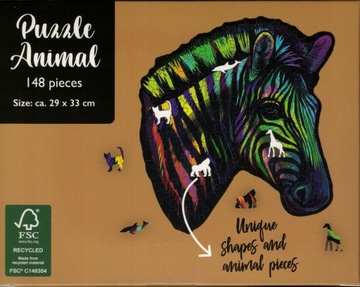 PUZZLE ANIMAL W KSZTAŁCIE ZWIERZĄT ZEBRA 29x33 cm 148 el.